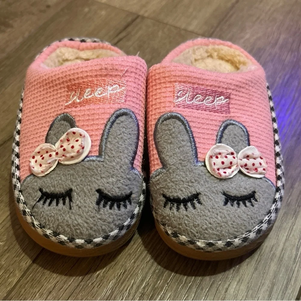 CIDBEST Easter Slippers Cotton bunny Cartoon Rabbit Bows Pink Grey No Slip 5/6